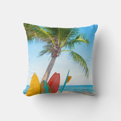 Tropical Surfboard Beach Throw Pillow