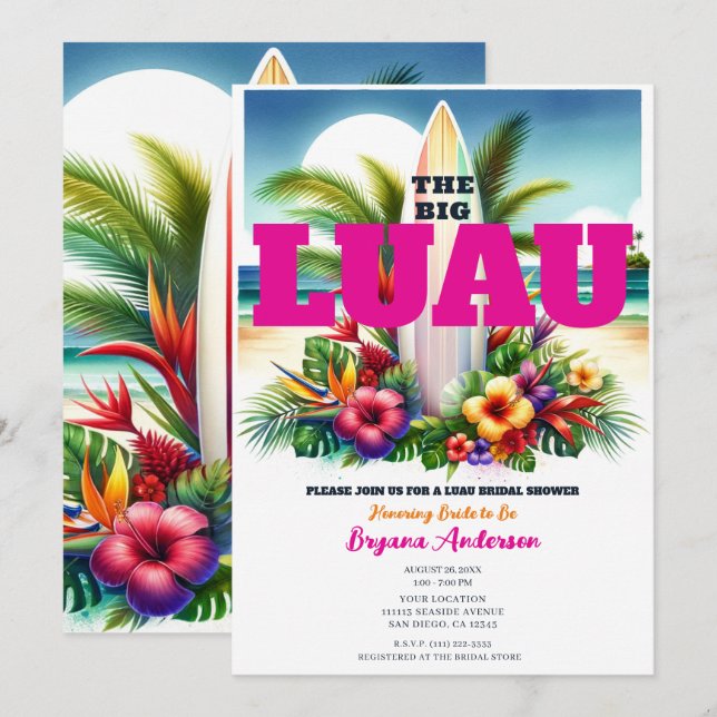 Tropical Surfboard Pool Party Luau Bridal Shower Invitation (Front/Back)