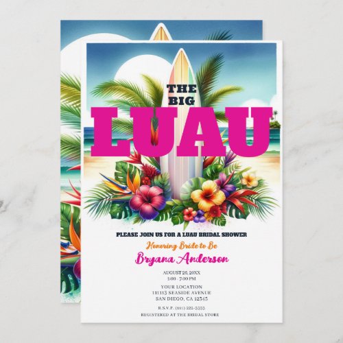 Tropical Surfboard Pool Party Luau Bridal Shower Invitation