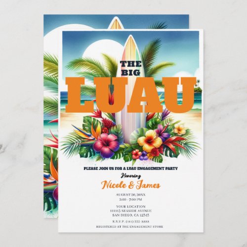 Tropical Surfboard Pool Party Luau Engagement  Invitation