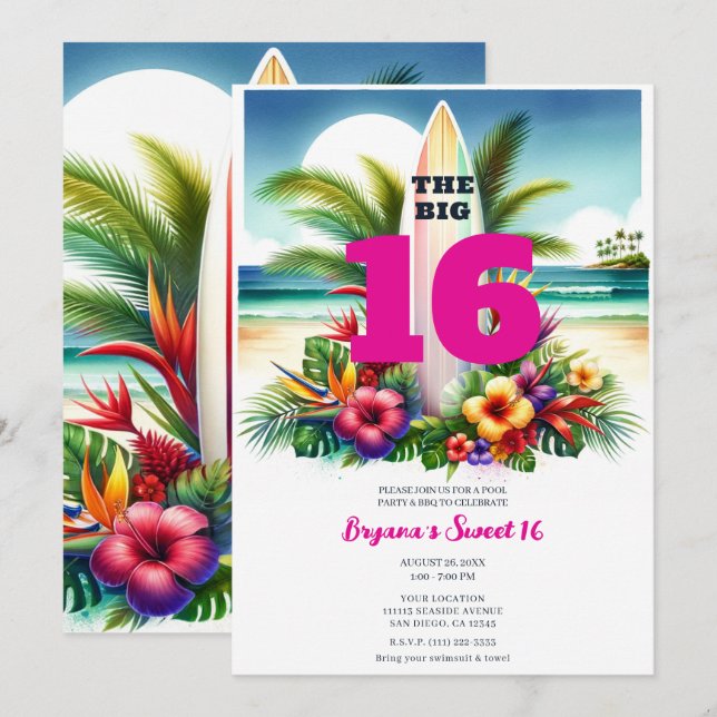 Tropical Surfboard Pool Party Sweet 16 Invitation (Front/Back)