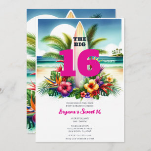Tropical Surfboard Pool Party Sweet 16 Invitation