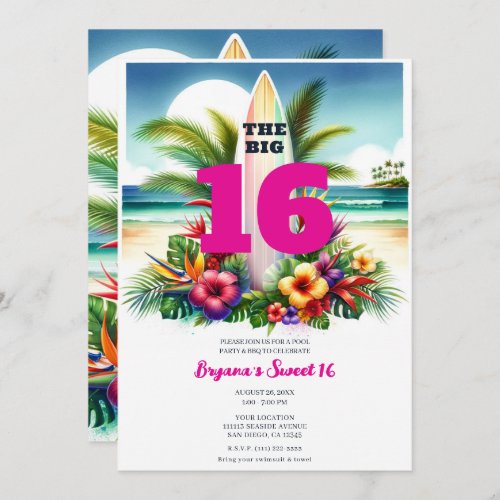 Tropical Surfboard Pool Party Sweet 16 Invitation