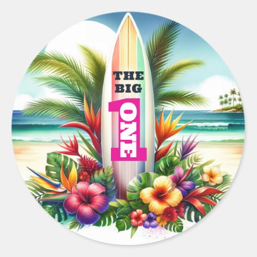 Tropical Surfboard The Big ONE 1st Birthday Party Classic Round Sticker