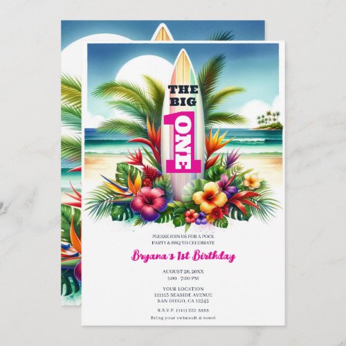 Tropical Surfboard The Big ONE 1st Birthday Party Invitation