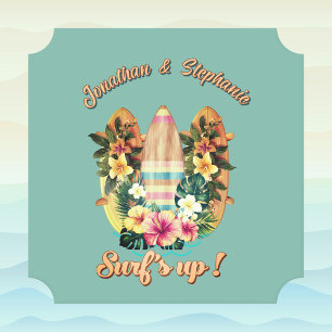 Tropical Surfboards Hawaiian Flowers Teal Monogram Paper Coaster