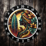 Tropical Surfer Golden Sunset Glow Art Dart Board<br><div class="desc">Bring the energy of the ocean and the warmth of the sun into your space with the "Tropical Surfer Golden Sunset Glow Art." This stunning artwork features a surfer holding their surfboard as a golden sunset illuminates the scene, creating a magical and tranquil atmosphere. The bold, neon-inspired colors and glowing...</div>