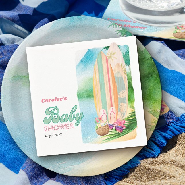 Tropical Surfing Beach Summer Baby Shower Napkins (Summer tropical beach theme napkins from my Baby on Board baby shower collection)