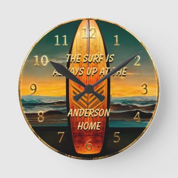 Tropical Surfing Ocean Family Name Round Clock by AZEZcom at Zazzle
