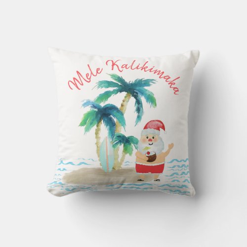 Tropical Surfing Santa Mele Kalikimaka Christmas Throw Pillow