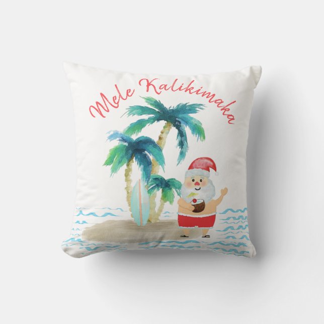 Tropical Surfing Santa Mele Kalikimaka Christmas Throw Pillow (Front)