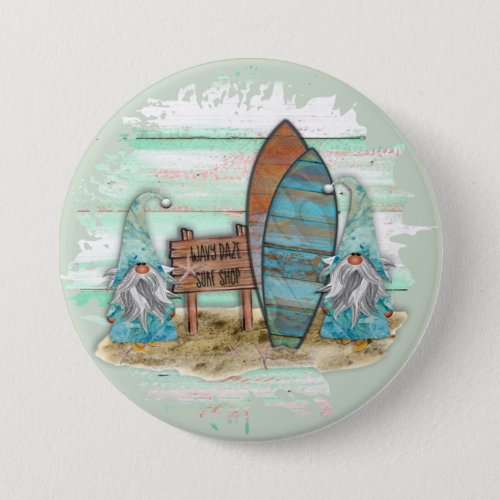 Tropical Surfing Watercolor Beach Gnomes Button