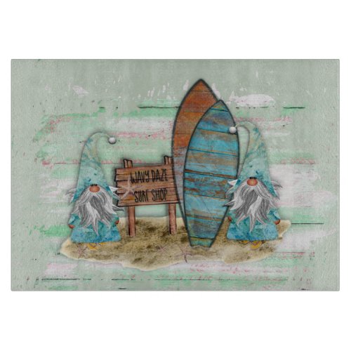 Tropical Surfing Watercolor Beach Gnomes Cutting Board