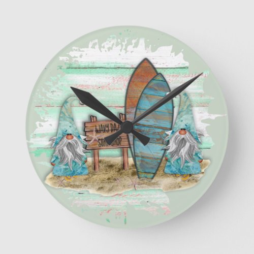 Tropical Surfing Watercolor Beach Gnomes Round Clock