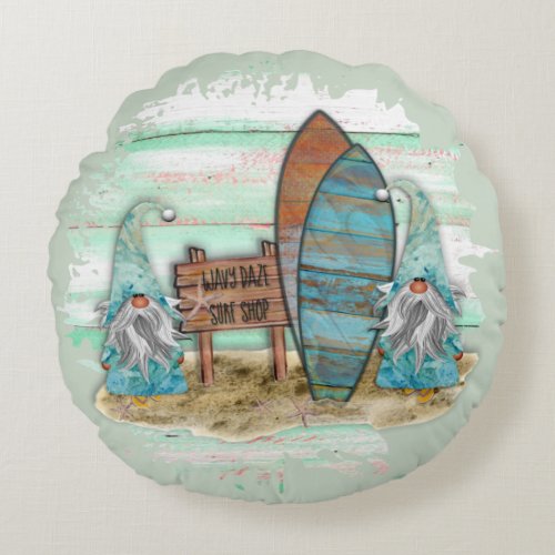 Tropical Surfing Watercolor Beach Gnomes Round Pillow