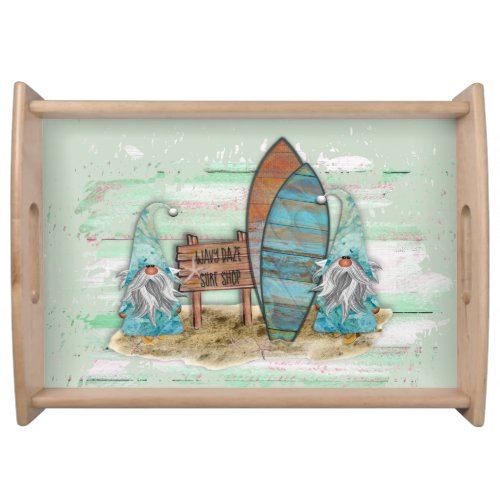 Tropical Surfing Watercolor Beach Gnomes Serving Tray