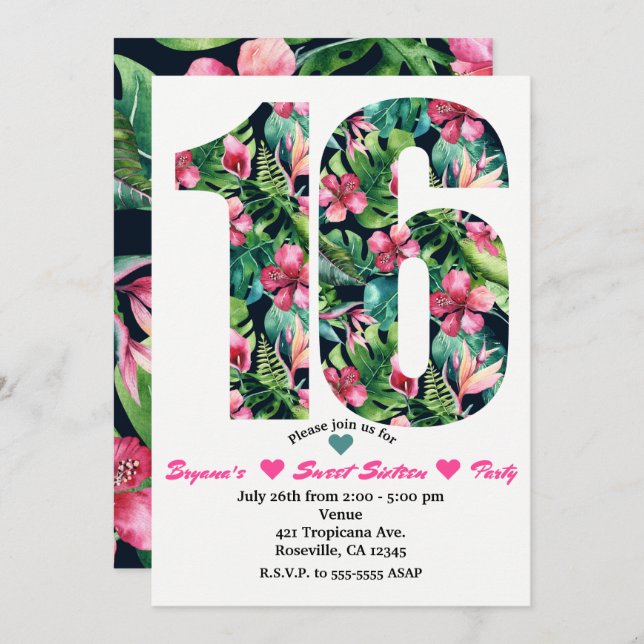 Tropical Sweet 16 16th Birthday Party Invitation (Front/Back)