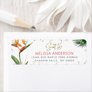 Tropical Sweet 16 Floral Gold Script Dots Address Label