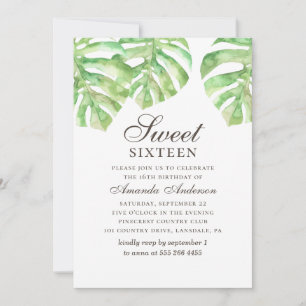 Tropical Sweet 16. Greenery monstera 16th birthday Invitation