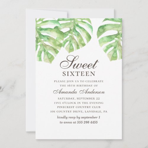 Tropical Sweet 16 Greenery monstera 16th birthday Invitation