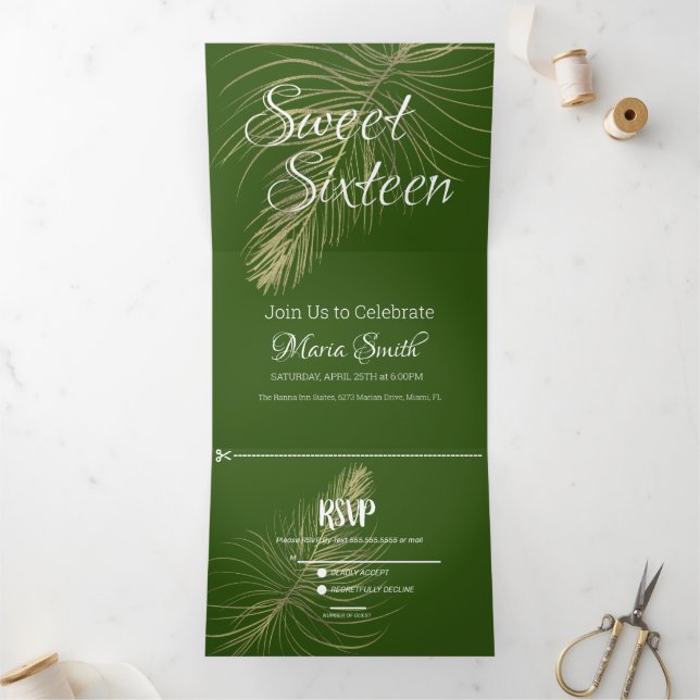 Tropical Sweet 16 Liquid Marble | Foil Palm Tree Tri-Fold Invitation (Inside)