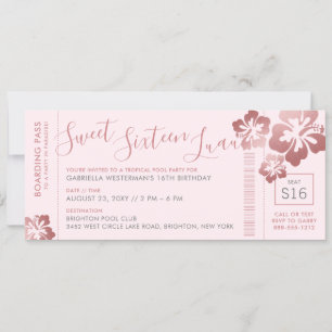Tropical Sweet 16 Pool Luau Boarding Pass Invitation