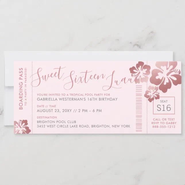 Tropical Sweet 16 Pool Luau Boarding Pass Invitation | Zazzle