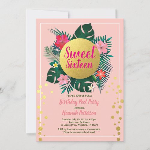 Tropical sweet sixteen 16 pool party pink and gold invitation