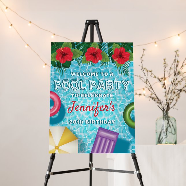 Tropical Swimming Pool Party Birthday Welcome Foam Board (In Situ (Stand))