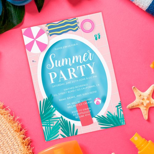 Tropical swimming pool scene fun summer party invitation