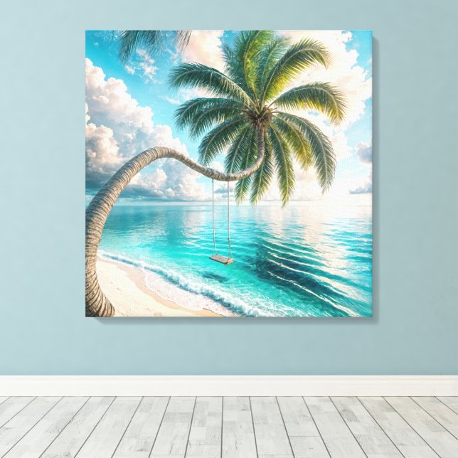 Tropical Swing Hanging From Palm Tree Canvas Print (Insitu(Wood Floor))