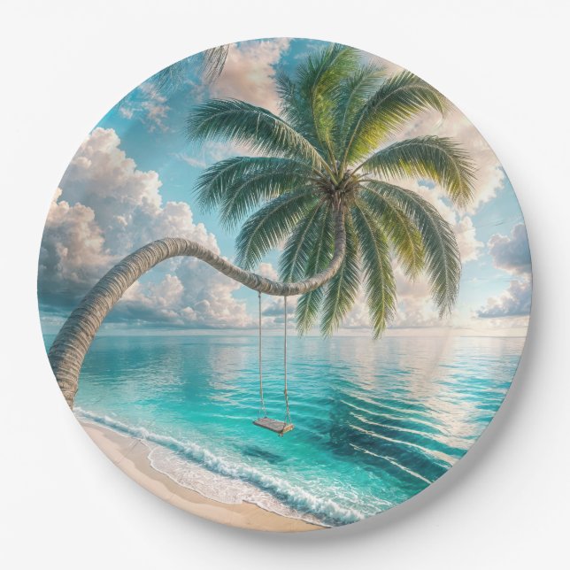 Tropical Swing Hanging From Palm Tree Paper Plates (Front)