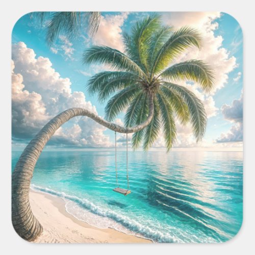 Tropical Swing Hanging From Palm Tree Square Sticker