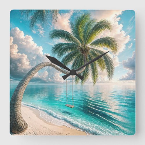 Tropical Swing Hanging From Palm Tree Square Wall Clock