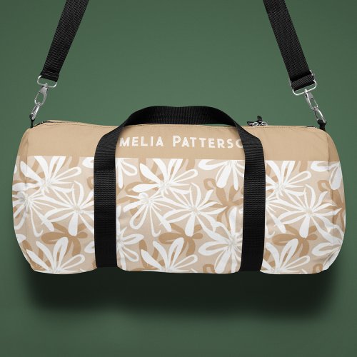 Tropical Tan White Floral Pattern Personalized Duffle Bag