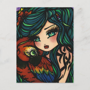 Tropical Tattoo Parrot Mermaid Fantasy Art Girl Postcard