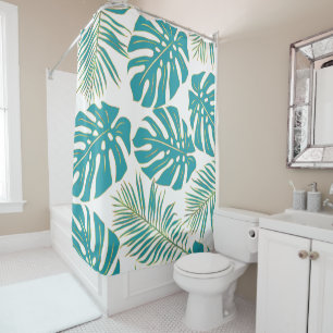 Tropical teal and gold monstera and  palm leaves shower curtain