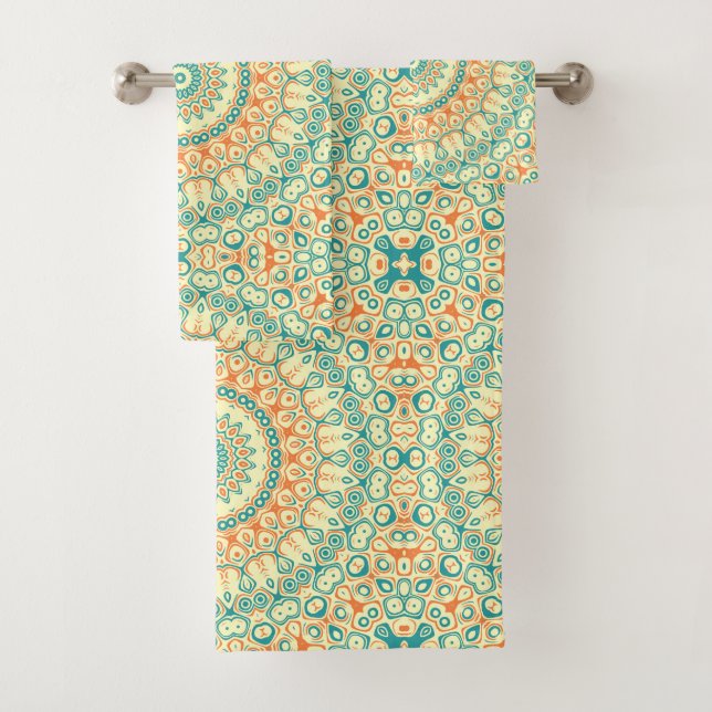 Tropical Teal and Orange Mandala Pattern Bath Towel Set (Insitu)