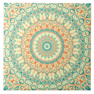 Tropical Teal and Orange Mandala Pattern Ceramic Tile