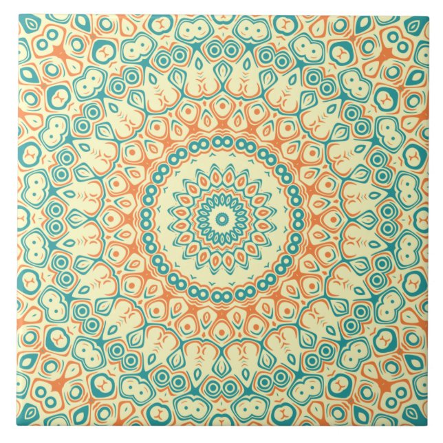 Tropical Teal and Orange Mandala Pattern Ceramic Tile (Front)
