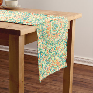 Tropical Teal and Orange Mandala Pattern Medium Table Runner