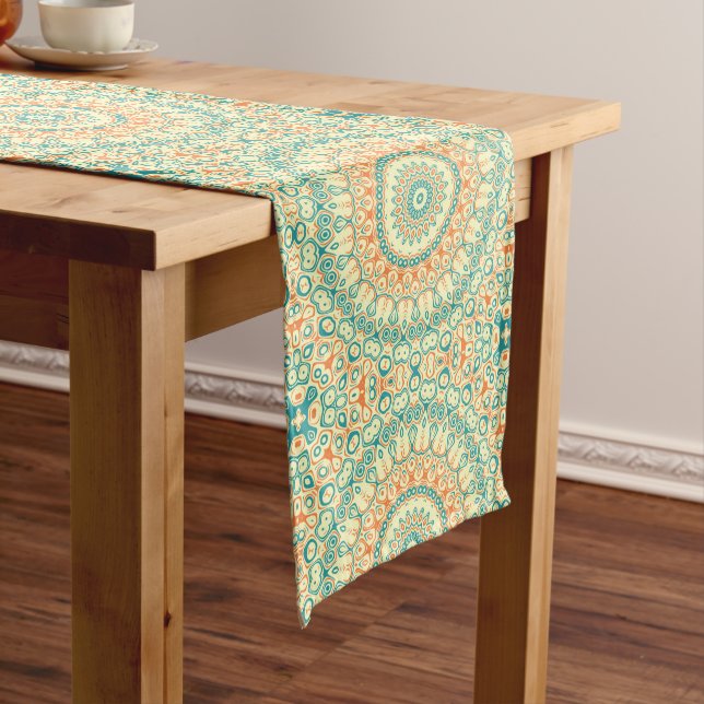 Tropical Teal and Orange Mandala Pattern Medium Table Runner (In Situ)