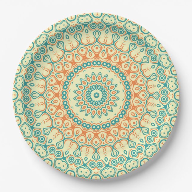 Tropical Teal and Orange Mandala Pattern Paper Plates (Front)