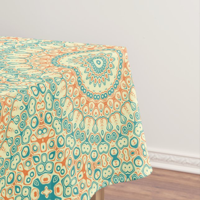 Tropical Teal and Orange Mandala Pattern Tablecloth (In Situ)