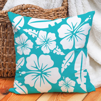 Tropical Teal / Aqua Hawaiian Floral and Leaves Throw Pillow