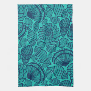 Tropical Teal Beach Seashells Kitchen Towel