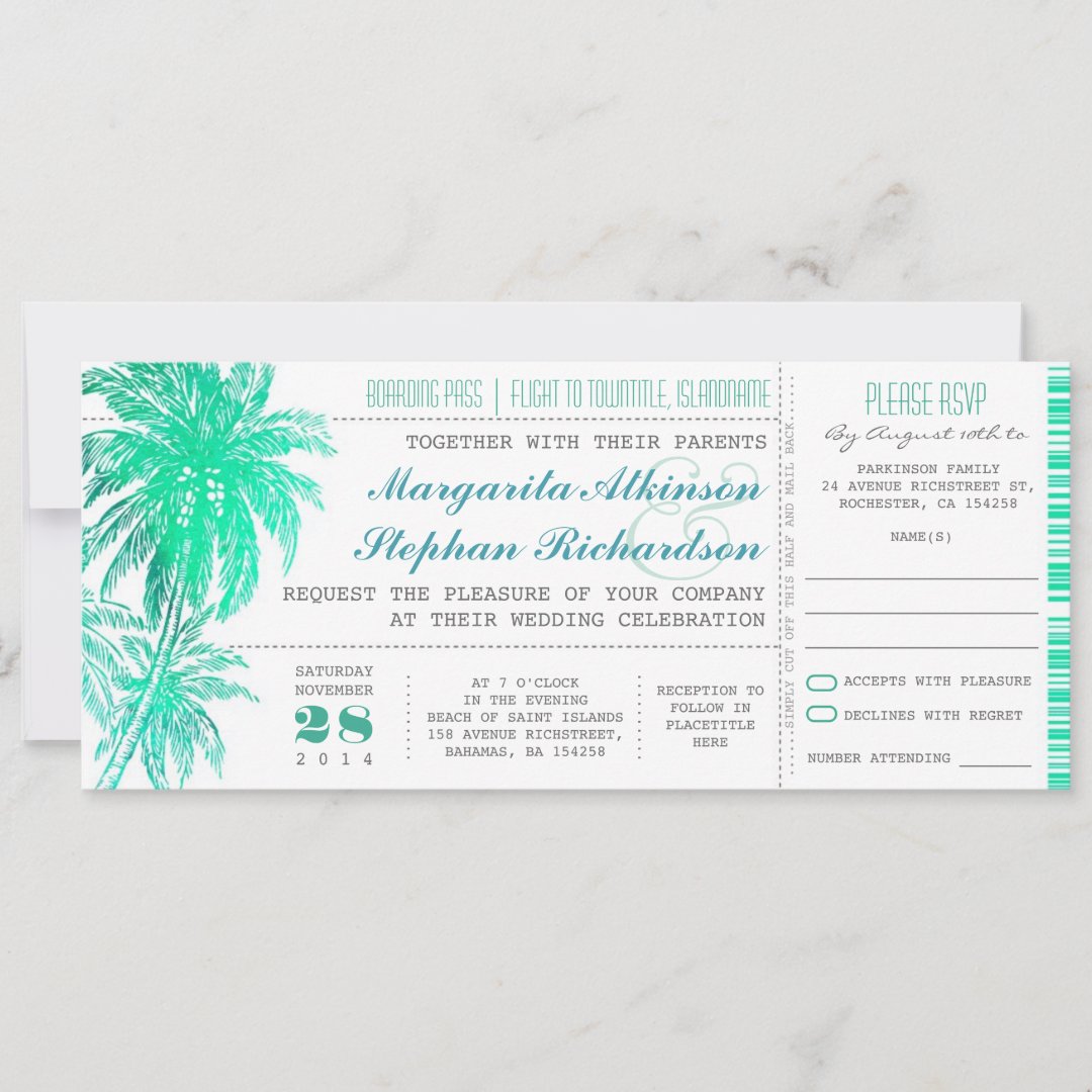 Tropical teal beach wedding tickets -boarding pass invitation | Zazzle
