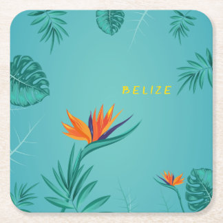 Tropical Teal Blue Green Palm Monogram Belize Square Paper Coaster
