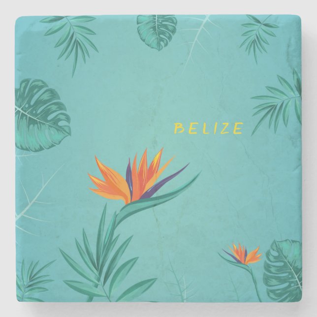 Tropical Teal Blue Green Palm Monogram Belize Stone Coaster (Front)