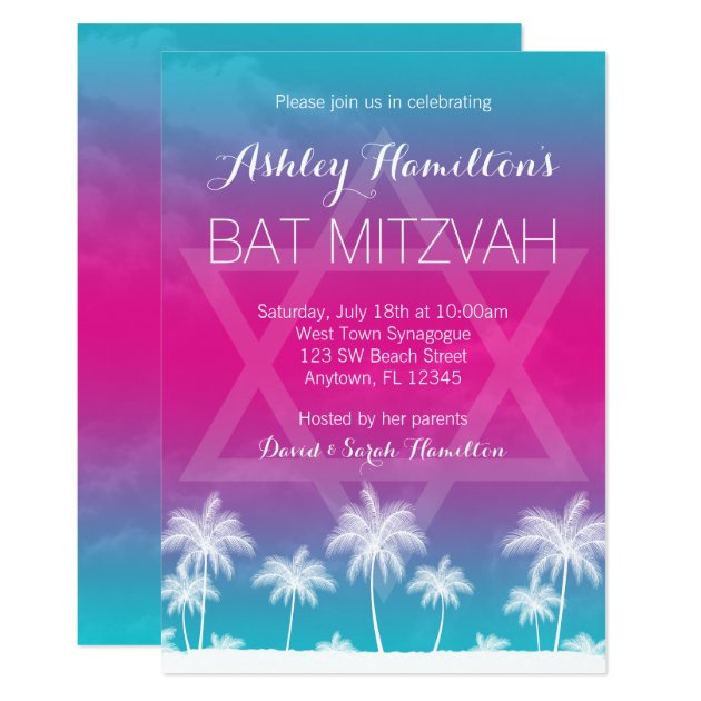 Tropical Teal Blue Pink Bat Mitzvah Invitation